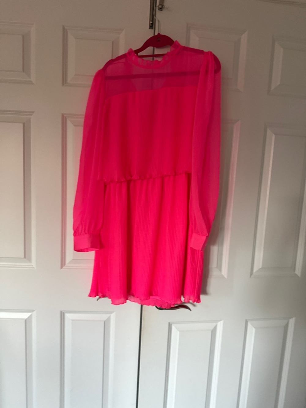 River Island Neon Pink Pleated Long-Sleeve Mini Dress
